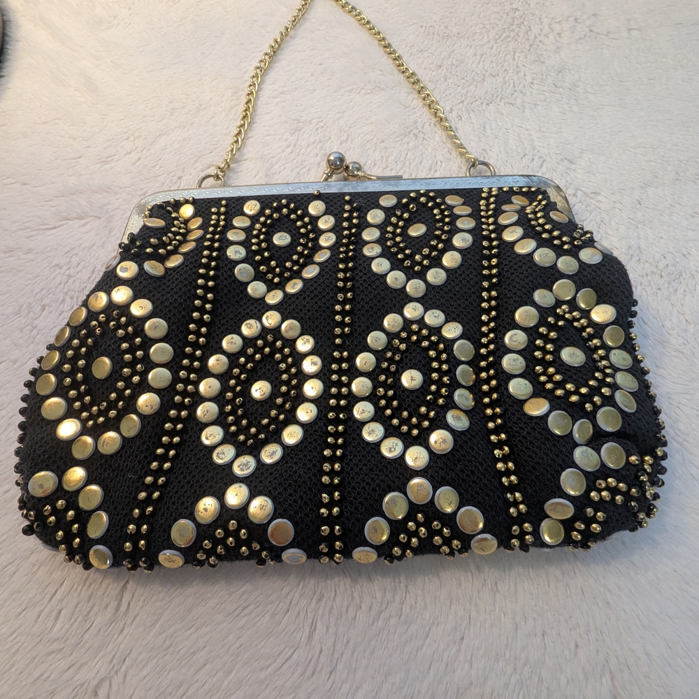 1950s Gold And Black Studded Evening Party- Clasp Purse/Vintage - Picture 6 of 12